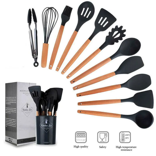 12PCS Silicone Kitchen Utensil Set - Non-Stick Cookware Tools with Wooden Handles, Spatulas, Shovels, and Egg Beaters for Modern Cooking