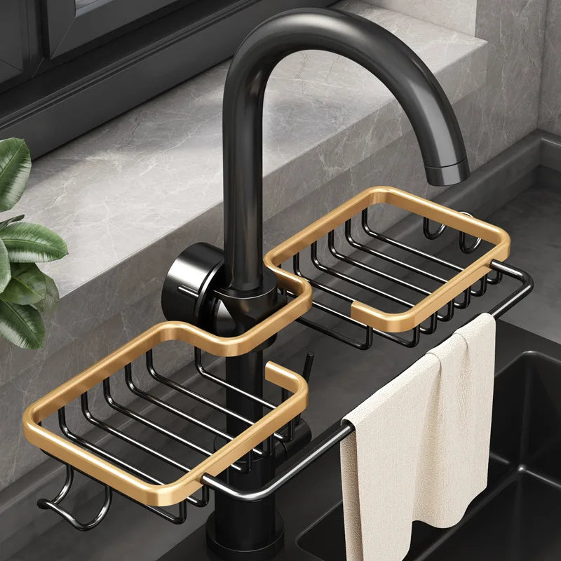 Aluminum Kitchen Sink Drain Rack - Sponge Storage, Soap Holder, Faucet Organizer, and Drainer Shelf for Bathroom Accessories