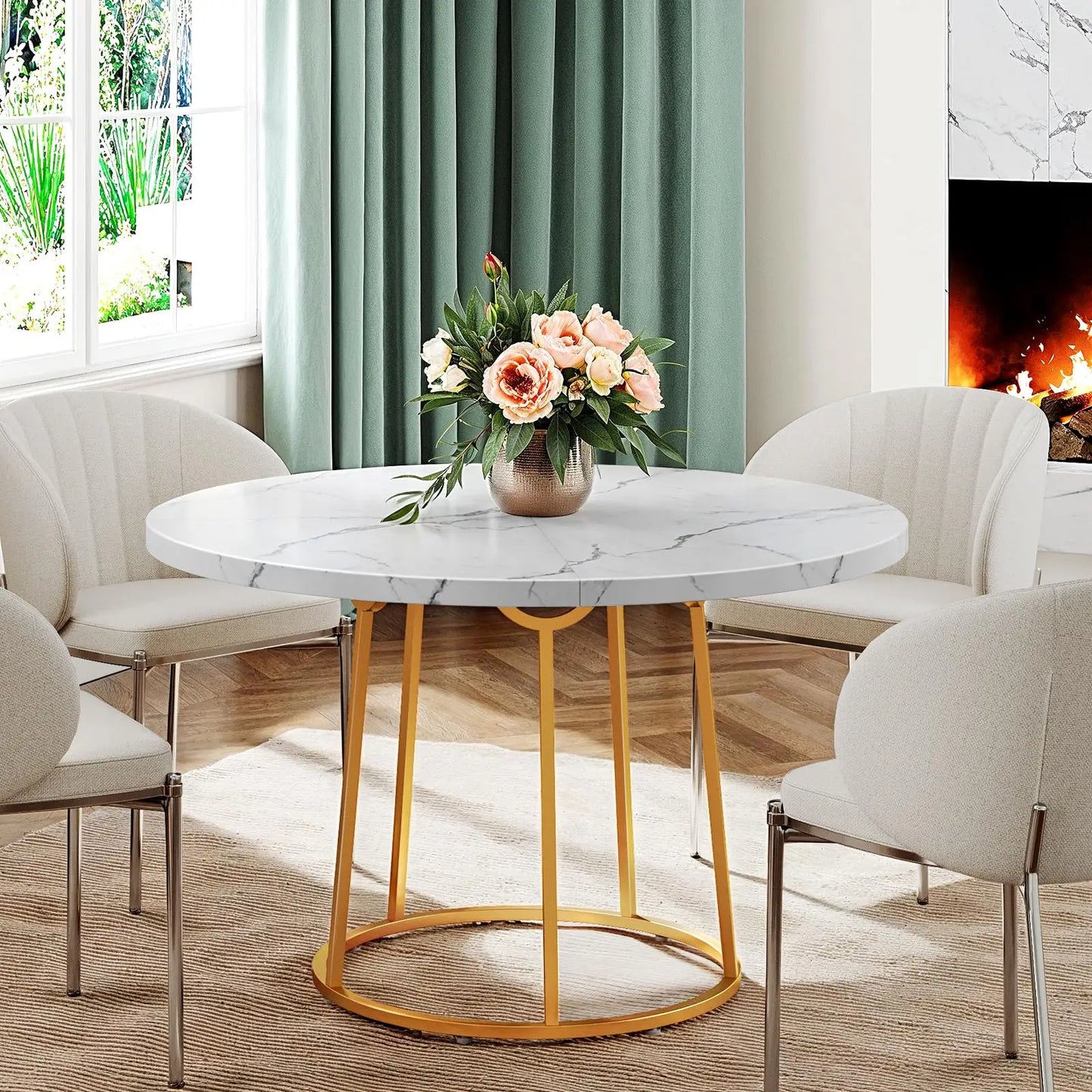 Round Dining Table 47.24 Inch Kitchen Table for 4 People Wooden Marble Pattern Dinner Room Table with Gold Base for Home office