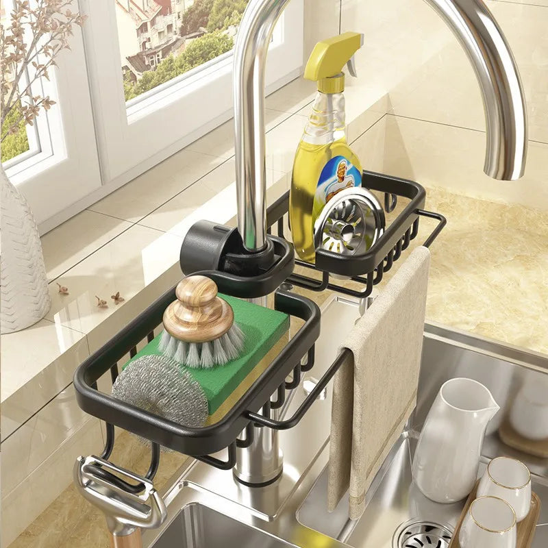 Aluminum Kitchen Sink Drain Rack - Sponge Storage, Soap Holder, Faucet Organizer, and Drainer Shelf for Bathroom Accessories