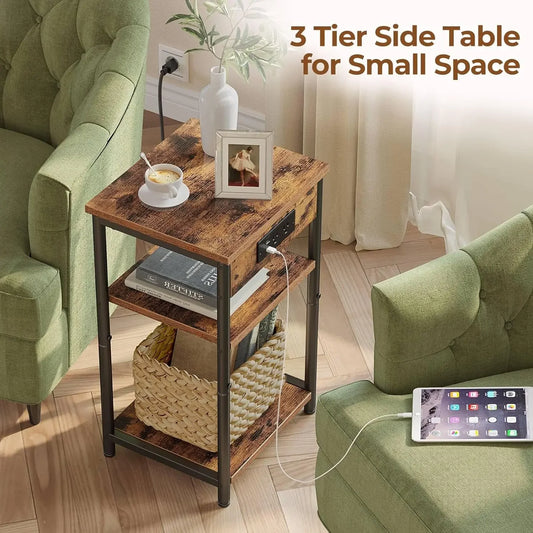 End Table with Charging Station, Nightstand with 3 Storage Shelves, Narrow Side Table with USB Ports & Power Outlets,