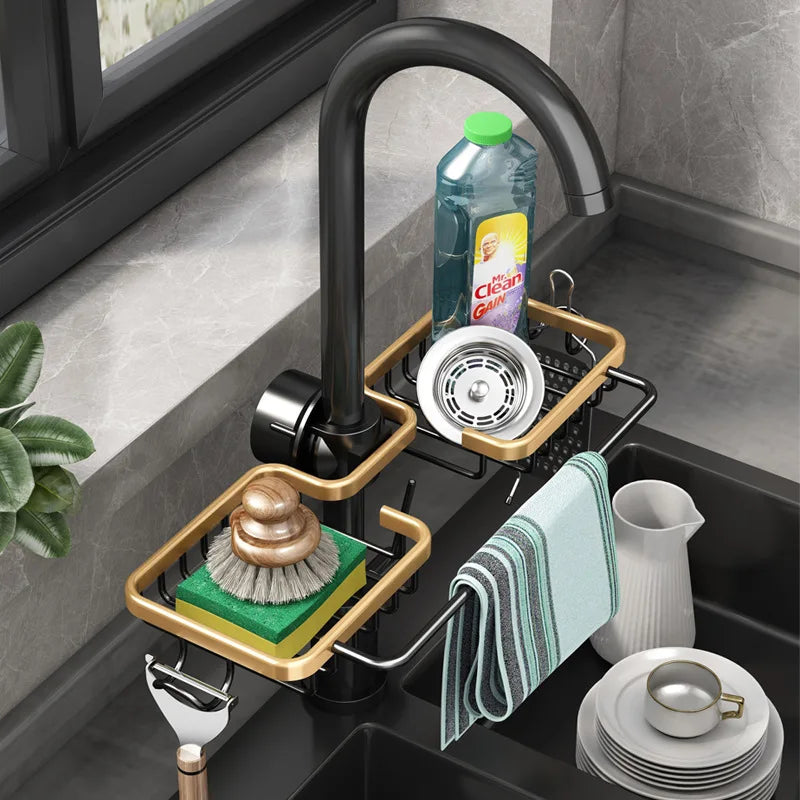 Aluminum Kitchen Sink Drain Rack - Sponge Storage, Soap Holder, Faucet Organizer, and Drainer Shelf for Bathroom Accessories