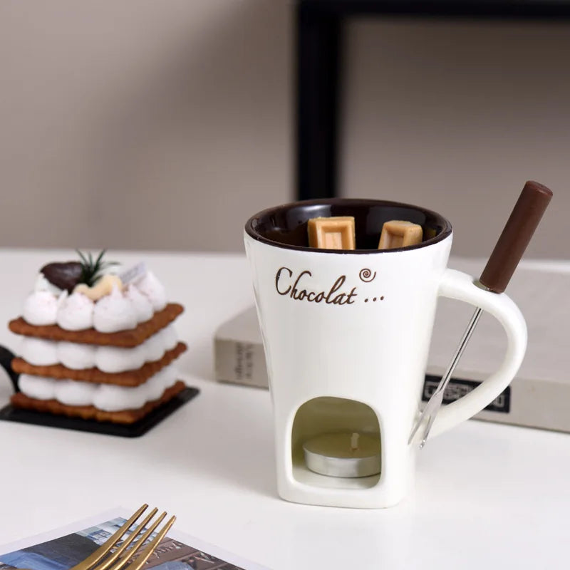 European Candle Cup Cheese Chocolate Melting Ceramic Mug Heating Food Ceramic Mug with Fork Creative Coffee Mug Tableware 130ML