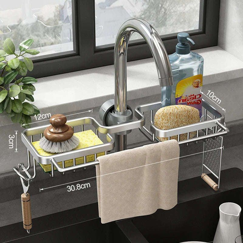 Aluminum Kitchen Sink Drain Rack - Sponge Storage, Soap Holder, Faucet Organizer, and Drainer Shelf for Bathroom Accessories